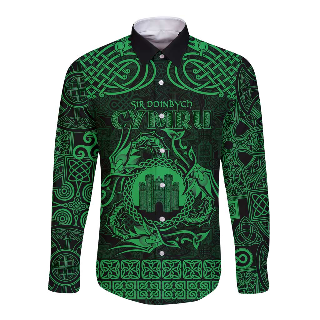Personalized Denbighshire Sir Ddinbych Long Sleeve Button Shirt Green Gatehouse Denbigh Castle Celtic-inspired - Wonder Print Shop