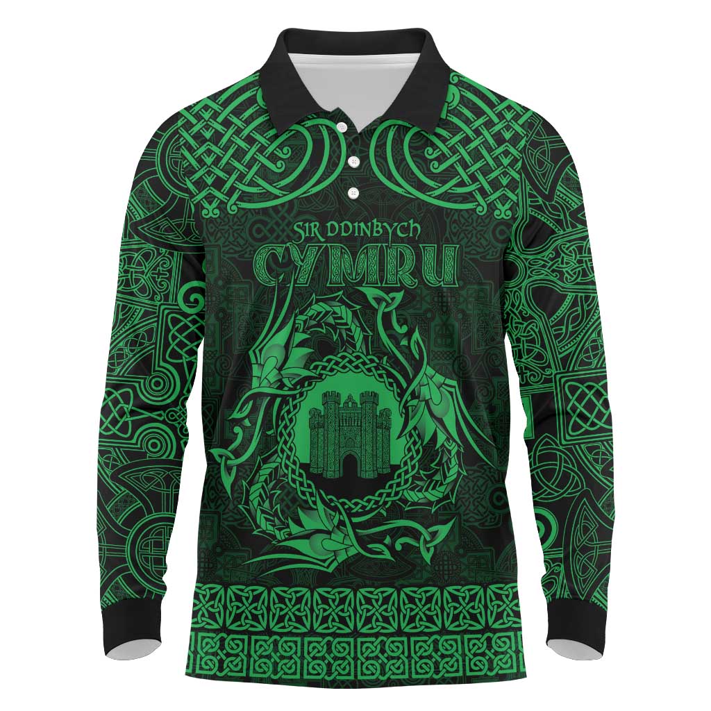 Personalized Denbighshire Sir Ddinbych Long Sleeve Polo Shirt Green Gatehouse Denbigh Castle Celtic-inspired - Wonder Print Shop