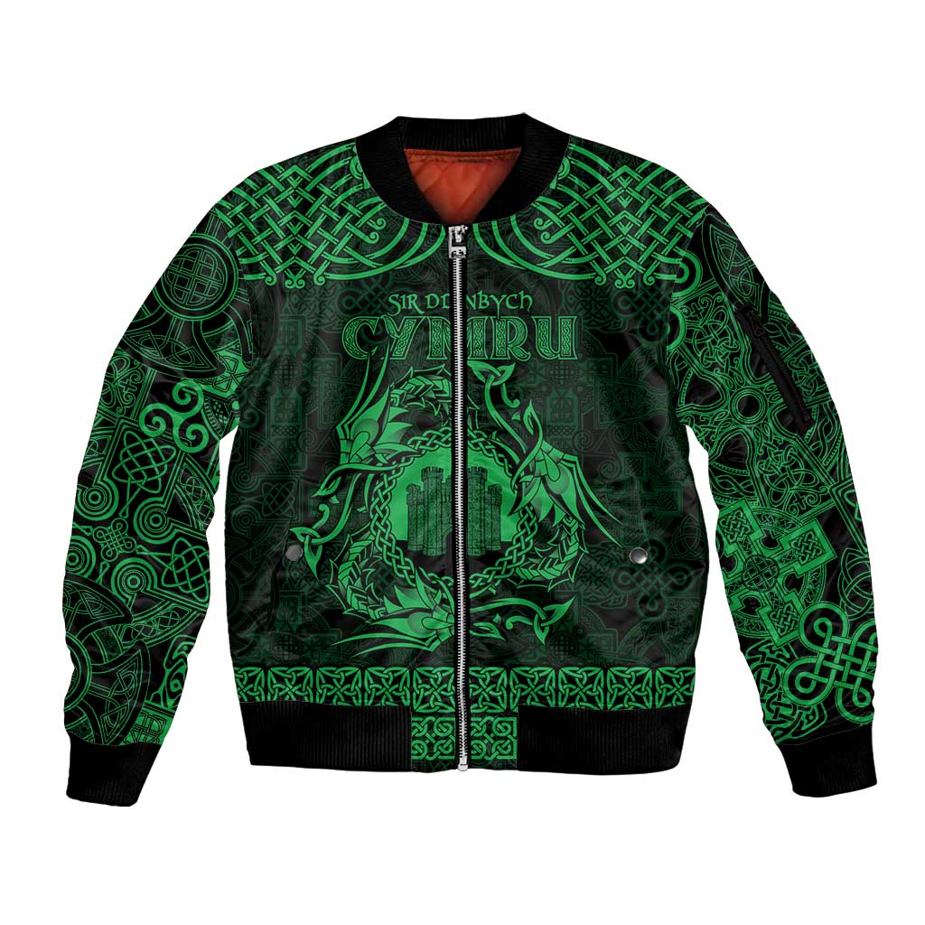 Personalized Denbighshire Sir Ddinbych Sleeve Zip Bomber Jacket Green Gatehouse Denbigh Castle Celtic-inspired - Wonder Print Shop