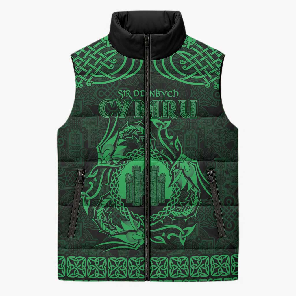 Personalized Denbighshire Sir Ddinbych Sleeveless Puffer Jacket Green Gatehouse Denbigh Castle Celtic-inspired - Wonder Print Shop