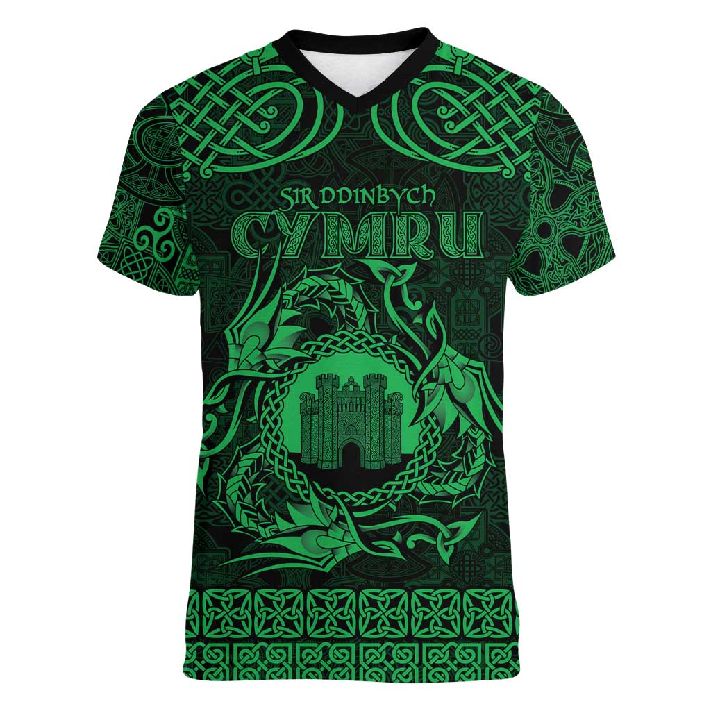 Personalized Denbighshire Sir Ddinbych Women V-Neck T-Shirt Green Gatehouse Denbigh Castle Celtic-inspired - Wonder Print Shop
