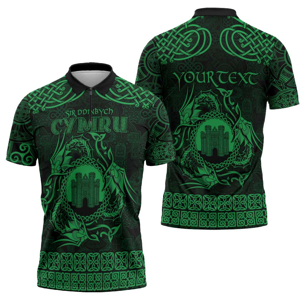 Personalized Denbighshire Sir Ddinbych Zipper Polo Shirt Green Gatehouse Denbigh Castle Celtic-inspired - Wonder Print Shop