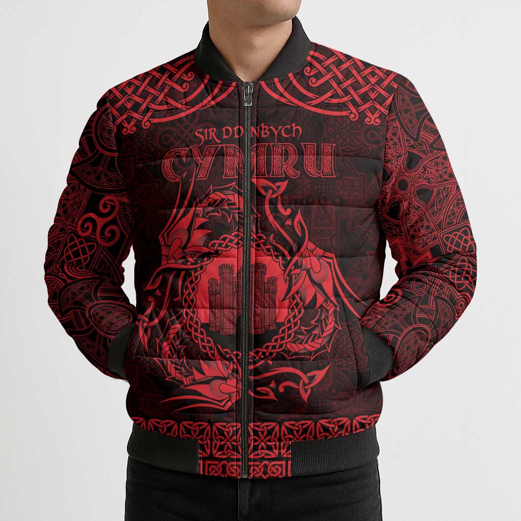 Personalized Denbighshire Sir Ddinbych Bomber Puffer Jacket Red Gatehouse Denbigh Castle Celtic-inspired - Wonder Print Shop