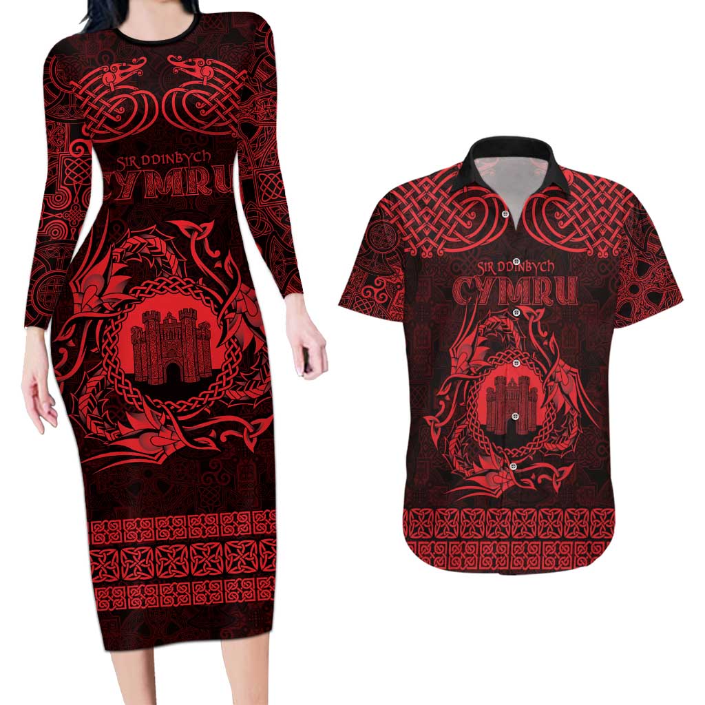 Personalized Denbighshire Sir Ddinbych Couples Matching Long Sleeve Bodycon Dress and Hawaiian Shirt Red Gatehouse Denbigh Castle Celtic-inspired - Wonder Print Shop