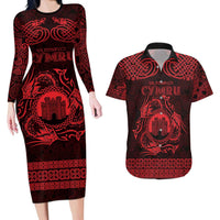 Personalized Denbighshire Sir Ddinbych Couples Matching Long Sleeve Bodycon Dress and Hawaiian Shirt Red Gatehouse Denbigh Castle Celtic-inspired - Wonder Print Shop