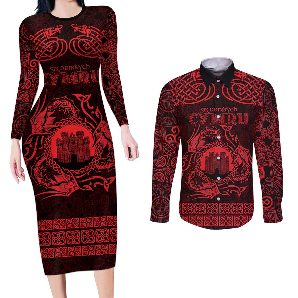 Personalized Denbighshire Sir Ddinbych Couples Matching Long Sleeve Bodycon Dress and Long Sleeve Button Shirt Red Gatehouse Denbigh Castle Celtic-inspired - Wonder Print Shop