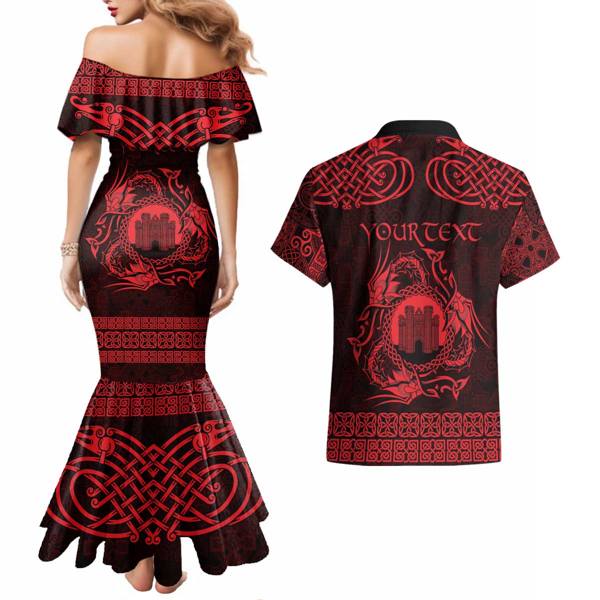 Personalized Denbighshire Sir Ddinbych Couples Matching Mermaid Dress and Hawaiian Shirt Red Gatehouse Denbigh Castle Celtic-inspired - Wonder Print Shop