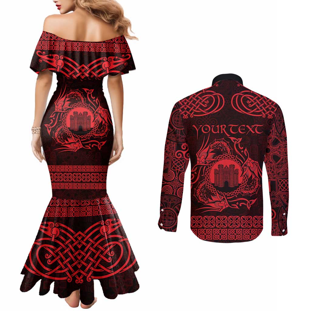 Personalized Denbighshire Sir Ddinbych Couples Matching Mermaid Dress and Long Sleeve Button Shirt Red Gatehouse Denbigh Castle Celtic-inspired - Wonder Print Shop