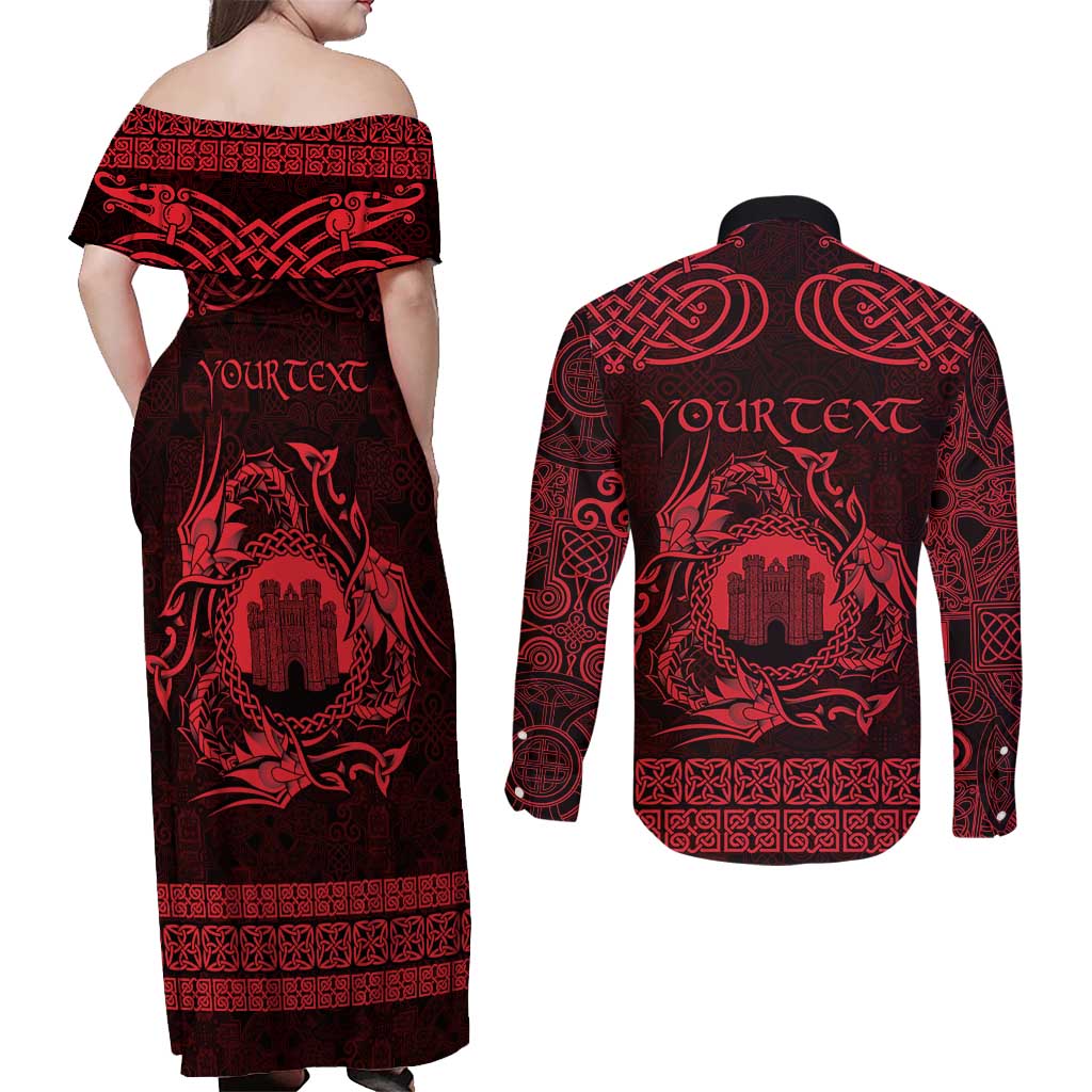 Personalized Denbighshire Sir Ddinbych Couples Matching Off Shoulder Maxi Dress and Long Sleeve Button Shirt Red Gatehouse Denbigh Castle Celtic-inspired - Wonder Print Shop