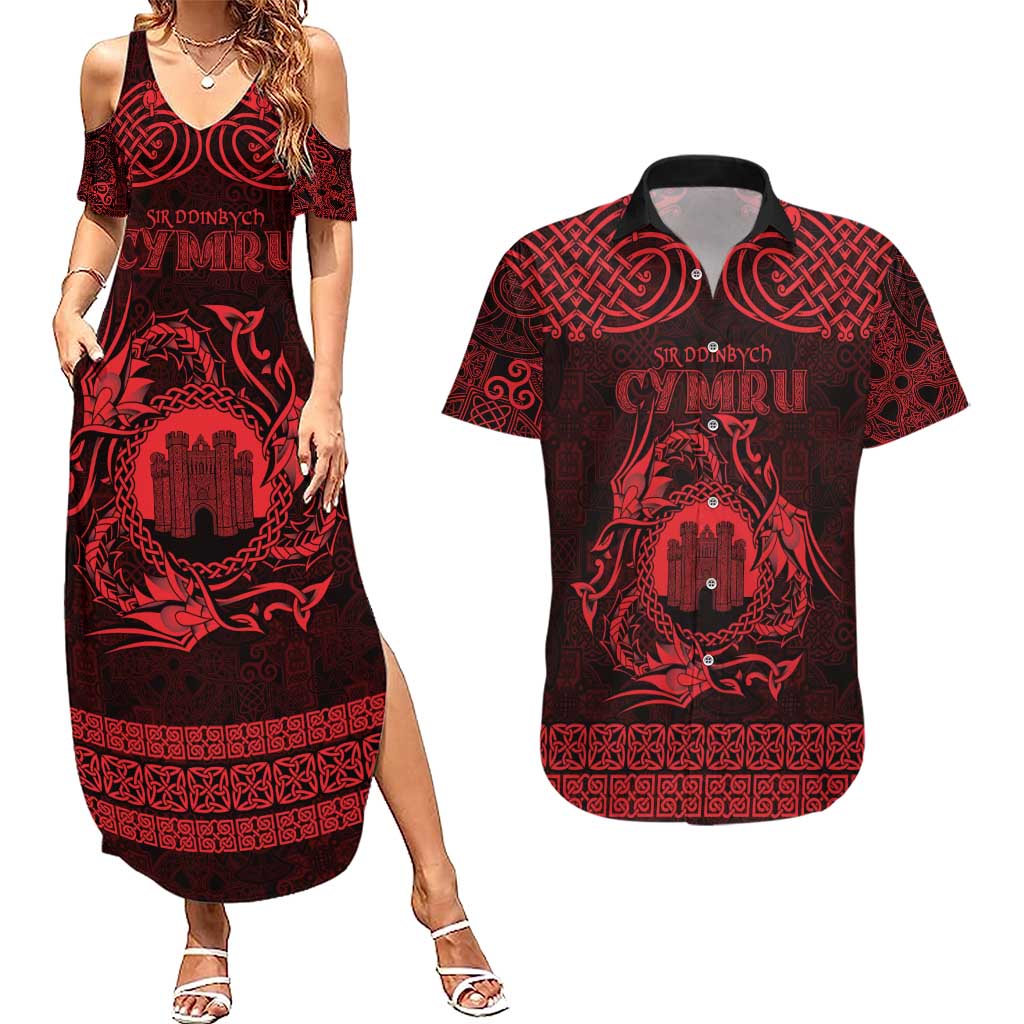 Personalized Denbighshire Sir Ddinbych Couples Matching Summer Maxi Dress and Hawaiian Shirt Red Gatehouse Denbigh Castle Celtic-inspired - Wonder Print Shop