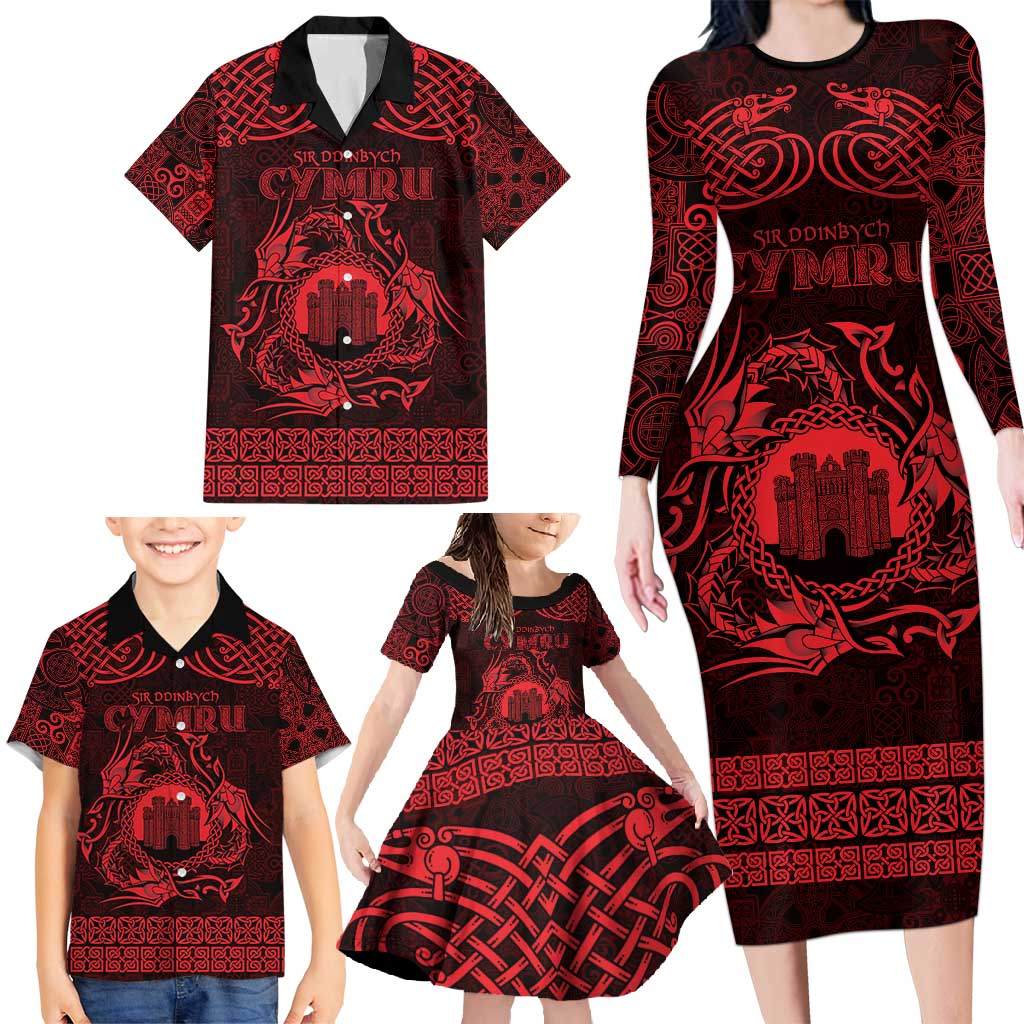 Personalized Denbighshire Sir Ddinbych Family Matching Long Sleeve Bodycon Dress and Hawaiian Shirt Red Gatehouse Denbigh Castle Celtic-inspired - Wonder Print Shop