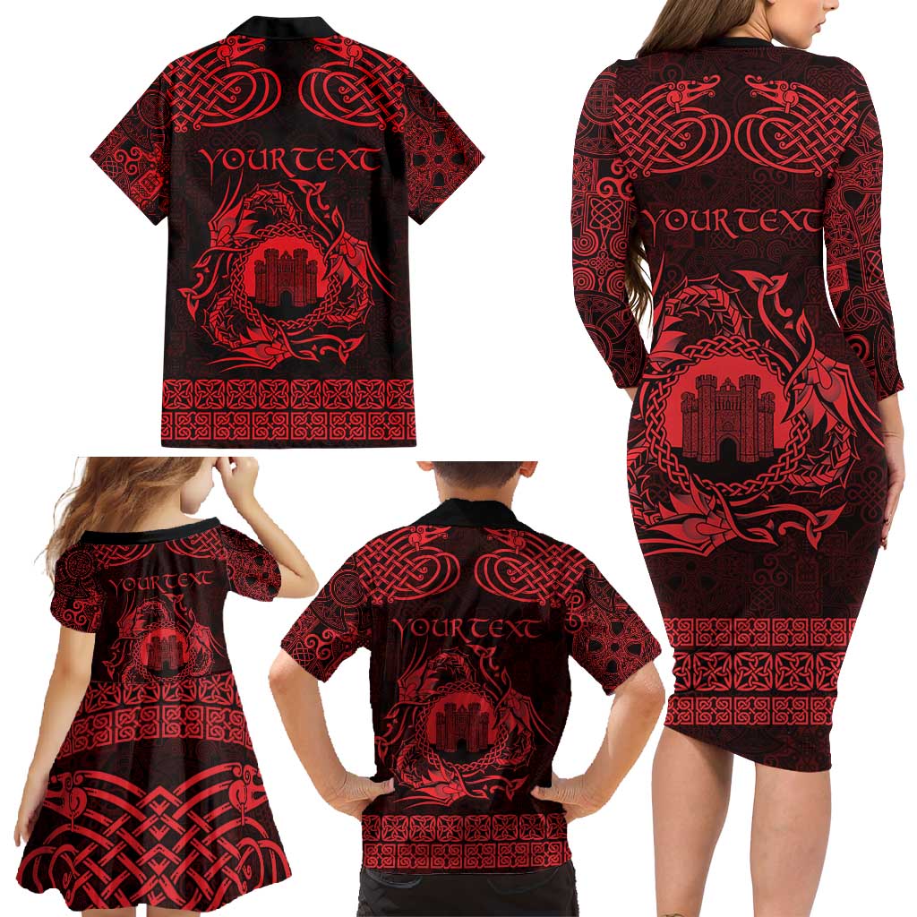 Personalized Denbighshire Sir Ddinbych Family Matching Long Sleeve Bodycon Dress and Hawaiian Shirt Red Gatehouse Denbigh Castle Celtic-inspired - Wonder Print Shop