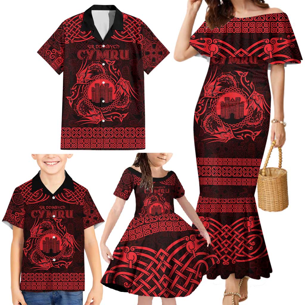 Personalized Denbighshire Sir Ddinbych Family Matching Mermaid Dress and Hawaiian Shirt Red Gatehouse Denbigh Castle Celtic-inspired - Wonder Print Shop