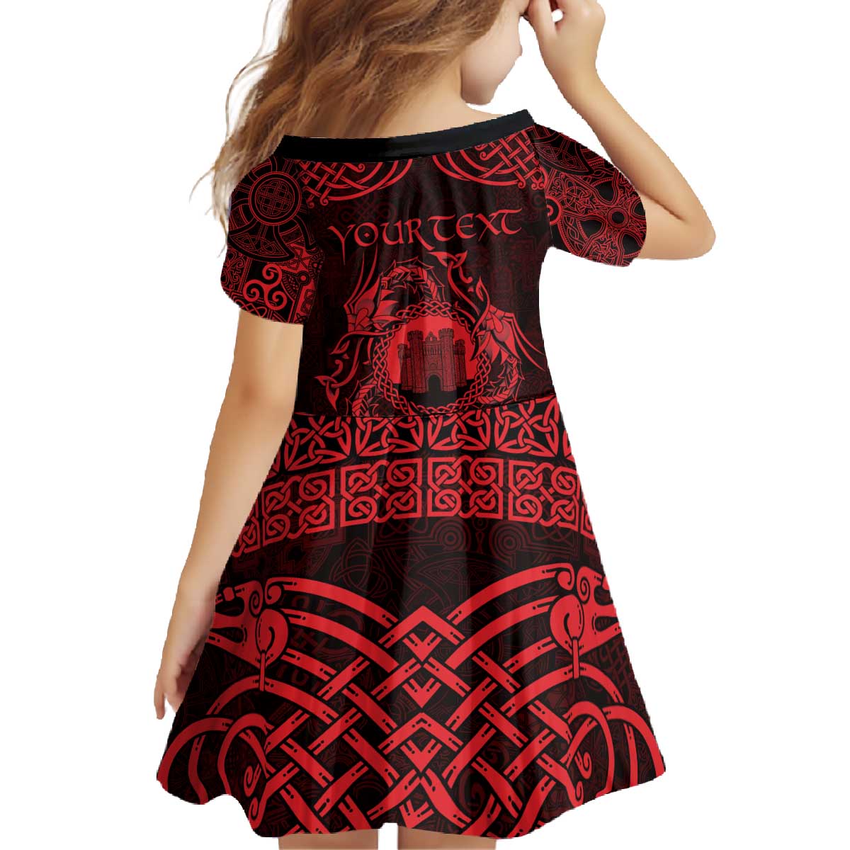 Personalized Denbighshire Sir Ddinbych Family Matching Off The Shoulder Long Sleeve Dress and Hawaiian Shirt Red Gatehouse Denbigh Castle Celtic-inspired - Wonder Print Shop