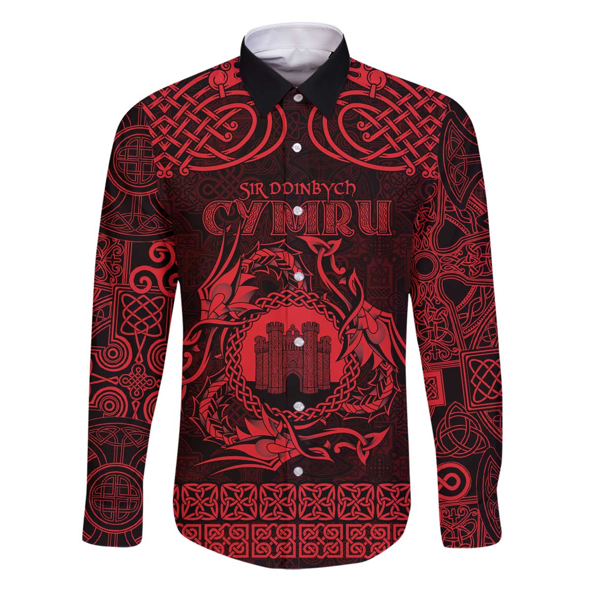 Personalized Denbighshire Sir Ddinbych Family Matching Off The Shoulder Long Sleeve Dress and Hawaiian Shirt Red Gatehouse Denbigh Castle Celtic-inspired - Wonder Print Shop