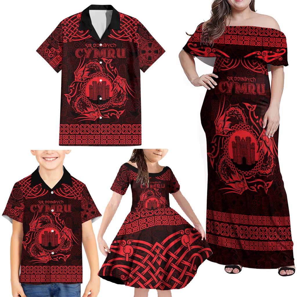 Personalized Denbighshire Sir Ddinbych Family Matching Off Shoulder Maxi Dress and Hawaiian Shirt Red Gatehouse Denbigh Castle Celtic-inspired - Wonder Print Shop