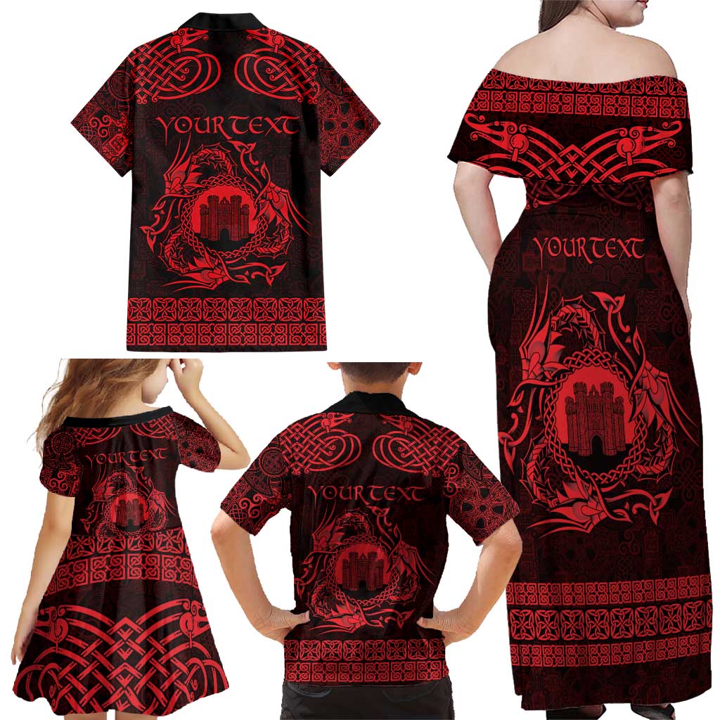 Personalized Denbighshire Sir Ddinbych Family Matching Off Shoulder Maxi Dress and Hawaiian Shirt Red Gatehouse Denbigh Castle Celtic-inspired - Wonder Print Shop