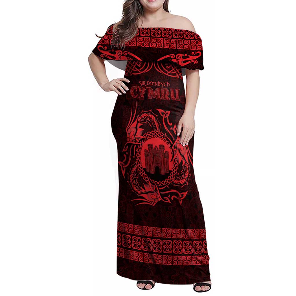 Personalized Denbighshire Sir Ddinbych Family Matching Off Shoulder Maxi Dress and Hawaiian Shirt Red Gatehouse Denbigh Castle Celtic-inspired - Wonder Print Shop