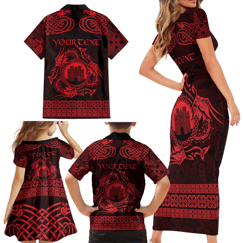 Personalized Denbighshire Sir Ddinbych Family Matching Short Sleeve Bodycon Dress and Hawaiian Shirt Red Gatehouse Denbigh Castle Celtic-inspired - Wonder Print Shop