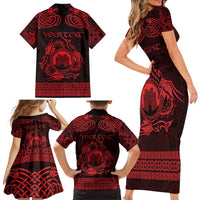 Personalized Denbighshire Sir Ddinbych Family Matching Short Sleeve Bodycon Dress and Hawaiian Shirt Red Gatehouse Denbigh Castle Celtic-inspired - Wonder Print Shop