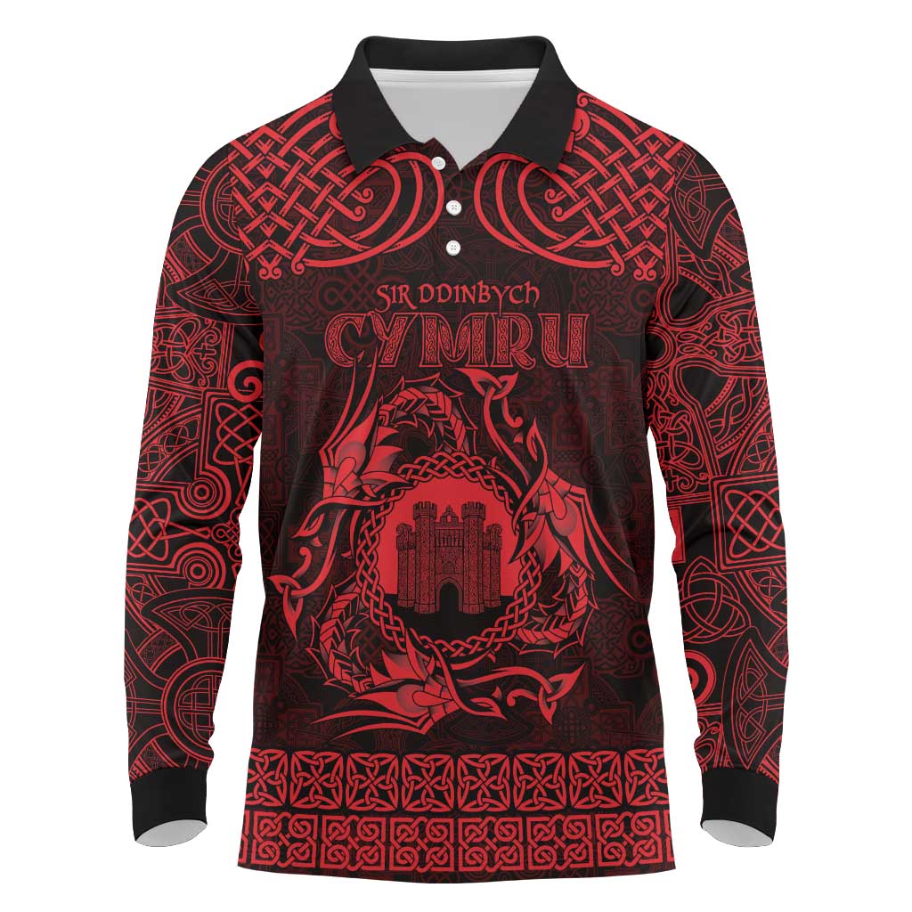 Personalized Denbighshire Sir Ddinbych Long Sleeve Polo Shirt Red Gatehouse Denbigh Castle Celtic-inspired - Wonder Print Shop