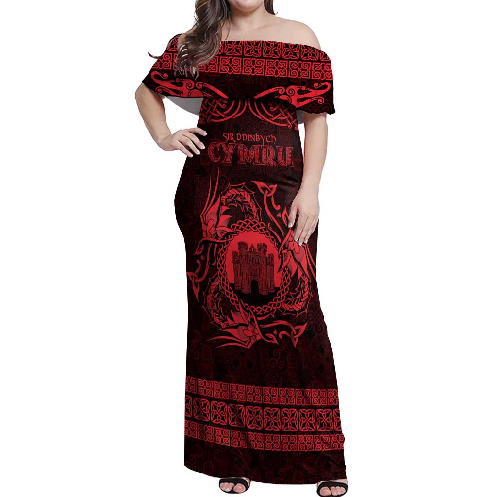 Personalized Denbighshire Sir Ddinbych Off Shoulder Maxi Dress Red Gatehouse Denbigh Castle Celtic-inspired - Wonder Print Shop