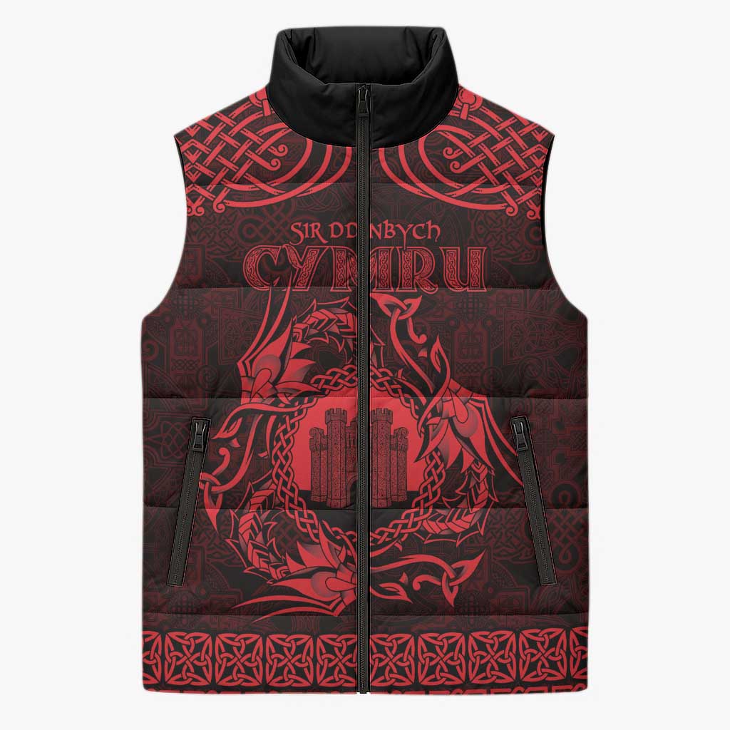 Personalized Denbighshire Sir Ddinbych Sleeveless Puffer Jacket Red Gatehouse Denbigh Castle Celtic-inspired - Wonder Print Shop