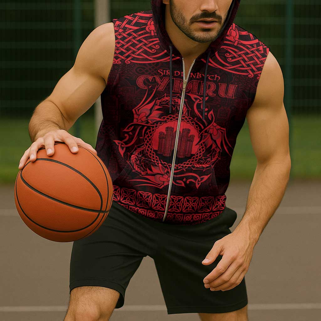 Personalized Denbighshire Sir Ddinbych Sleeveless Zip Hoodie Red Gatehouse Denbigh Castle Celtic-inspired - Wonder Print Shop