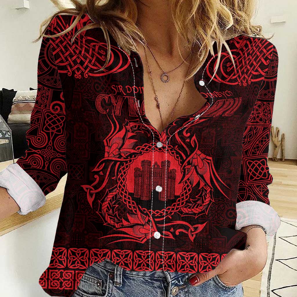 Personalized Denbighshire Sir Ddinbych Women Casual Shirt Red Gatehouse Denbigh Castle Celtic-inspired - Wonder Print Shop