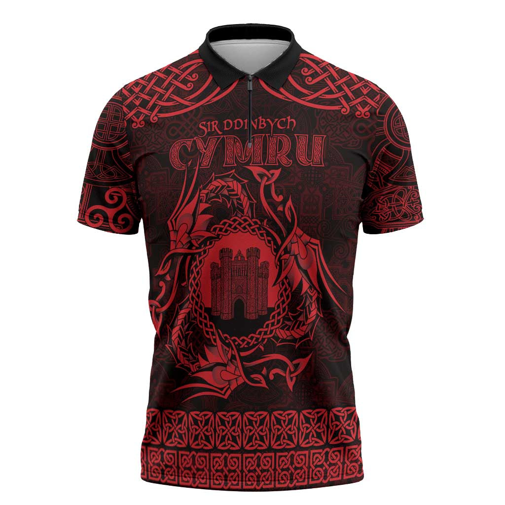 Personalized Denbighshire Sir Ddinbych Zipper Polo Shirt Red Gatehouse Denbigh Castle Celtic-inspired - Wonder Print Shop