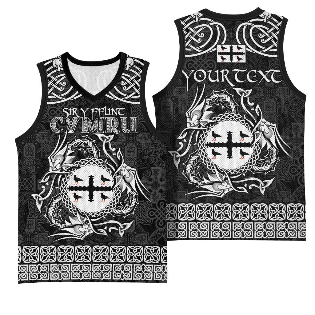 Personalized Flintshire Sir y Fflint Basketball Jersey Black Four Choughs Celtic-inspired - Wonder Print Shop