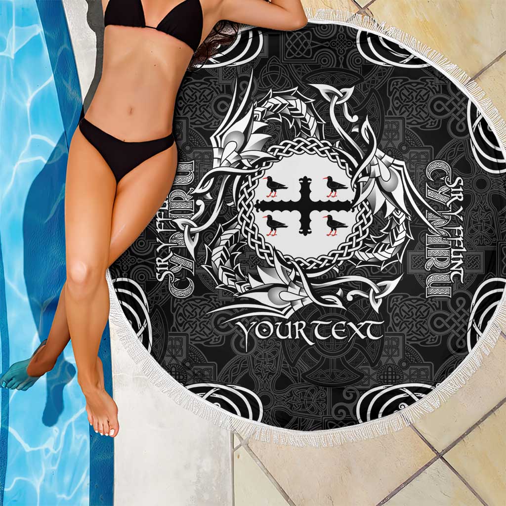 Personalized Flintshire Sir y Fflint Beach Blanket Black Four Choughs Celtic-inspired - Wonder Print Shop