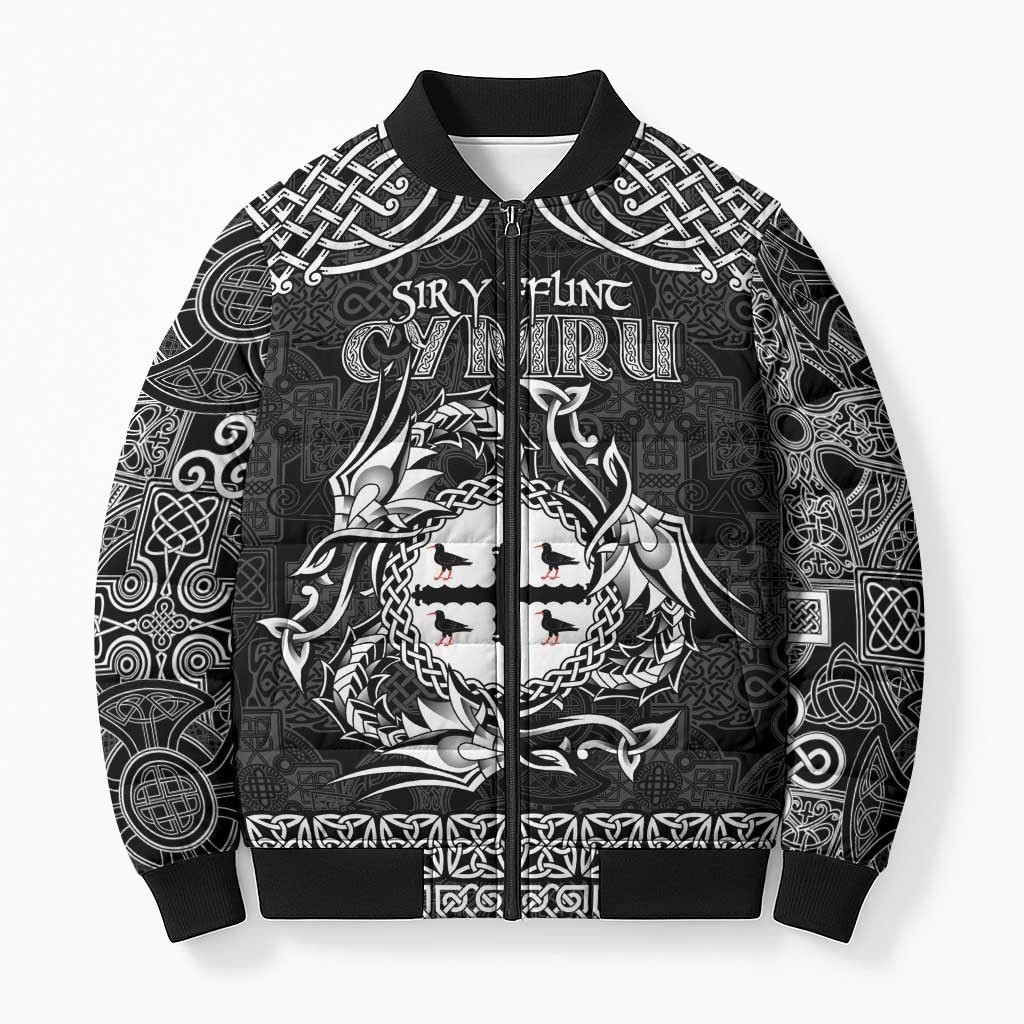 Personalized Flintshire Sir y Fflint Bomber Puffer Jacket Black Four Choughs Celtic-inspired - Wonder Print Shop
