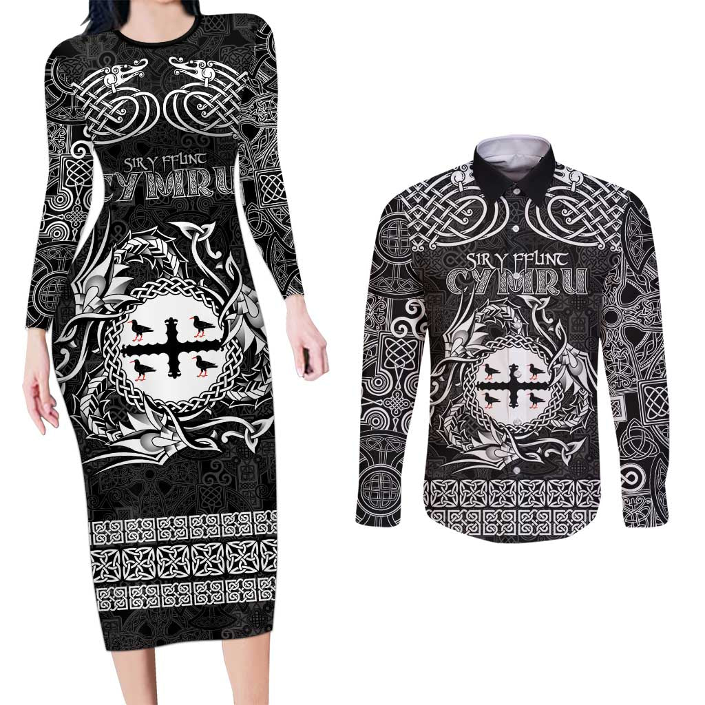 Personalized Flintshire Sir y Fflint Couples Matching Long Sleeve Bodycon Dress and Long Sleeve Button Shirt Black Four Choughs Celtic-inspired - Wonder Print Shop