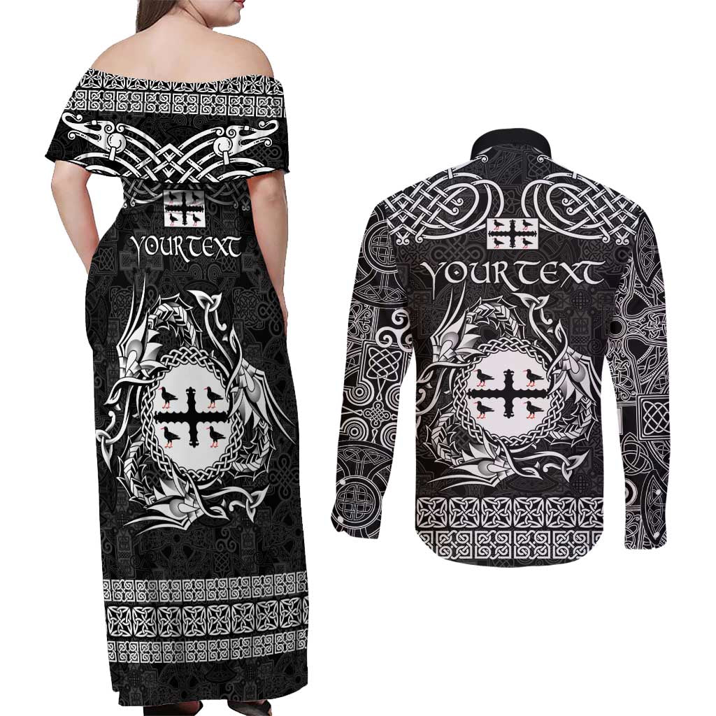 Personalized Flintshire Sir y Fflint Couples Matching Off Shoulder Maxi Dress and Long Sleeve Button Shirt Black Four Choughs Celtic-inspired - Wonder Print Shop