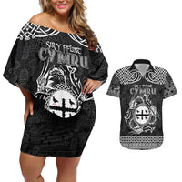 Personalized Flintshire Sir y Fflint Couples Matching Off Shoulder Short Dress and Hawaiian Shirt Black Four Choughs Celtic-inspired - Wonder Print Shop
