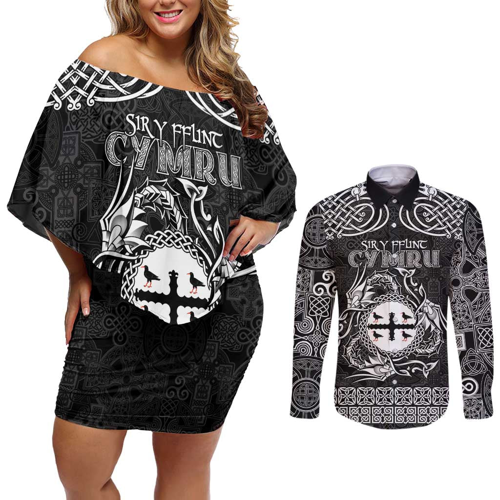 Personalized Flintshire Sir y Fflint Couples Matching Off Shoulder Short Dress and Long Sleeve Button Shirt Black Four Choughs Celtic-inspired - Wonder Print Shop