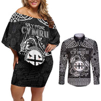 Personalized Flintshire Sir y Fflint Couples Matching Off Shoulder Short Dress and Long Sleeve Button Shirt Black Four Choughs Celtic-inspired - Wonder Print Shop