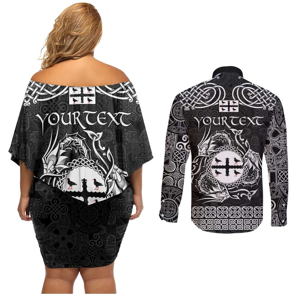 Personalized Flintshire Sir y Fflint Couples Matching Off Shoulder Short Dress and Long Sleeve Button Shirt Black Four Choughs Celtic-inspired - Wonder Print Shop