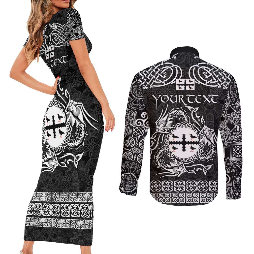 Personalized Flintshire Sir y Fflint Couples Matching Short Sleeve Bodycon Dress and Long Sleeve Button Shirt Black Four Choughs Celtic-inspired - Wonder Print Shop