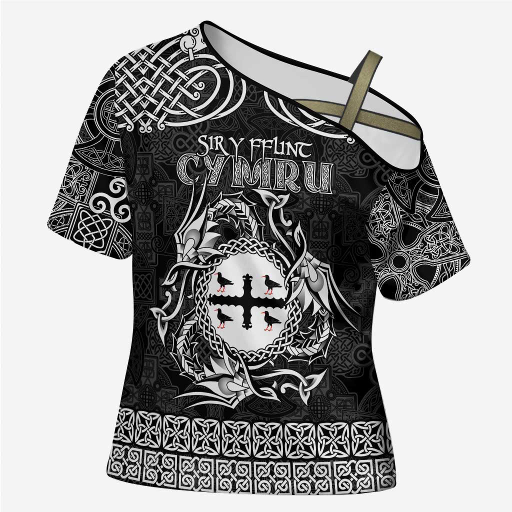 Personalized Flintshire Sir y Fflint Cross Shoulder Shirt Black Four Choughs Celtic-inspired - Wonder Print Shop