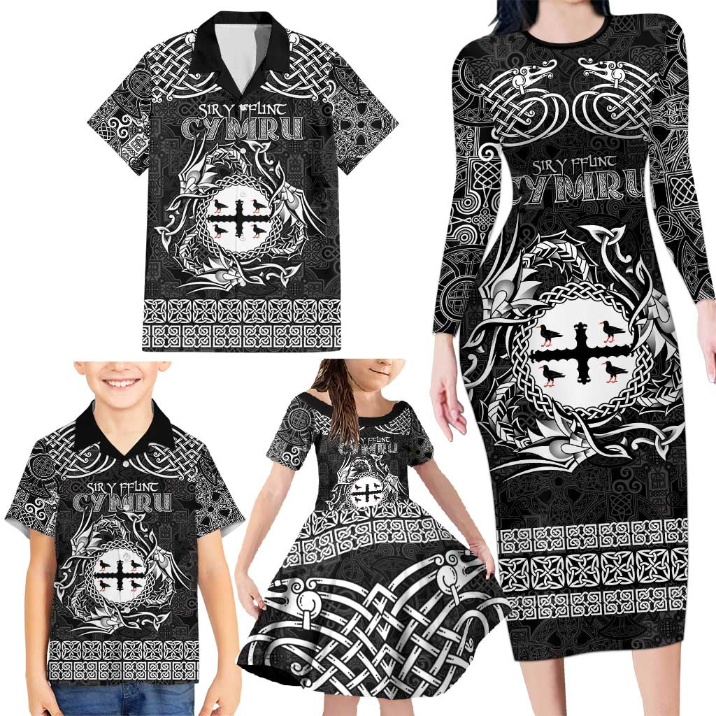 Personalized Flintshire Sir y Fflint Family Matching Long Sleeve Bodycon Dress and Hawaiian Shirt Black Four Choughs Celtic-inspired - Wonder Print Shop