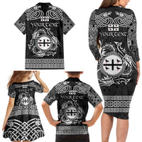 Personalized Flintshire Sir y Fflint Family Matching Long Sleeve Bodycon Dress and Hawaiian Shirt Black Four Choughs Celtic-inspired - Wonder Print Shop