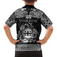 Personalized Flintshire Sir y Fflint Family Matching Off The Shoulder Long Sleeve Dress and Hawaiian Shirt Black Four Choughs Celtic-inspired - Wonder Print Shop