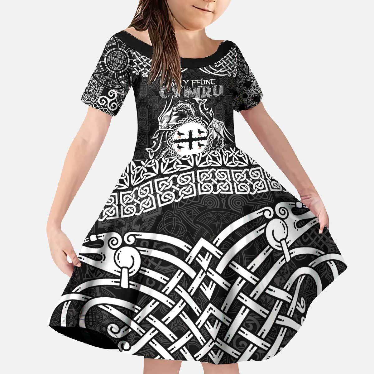 Personalized Flintshire Sir y Fflint Family Matching Off The Shoulder Long Sleeve Dress and Hawaiian Shirt Black Four Choughs Celtic-inspired - Wonder Print Shop