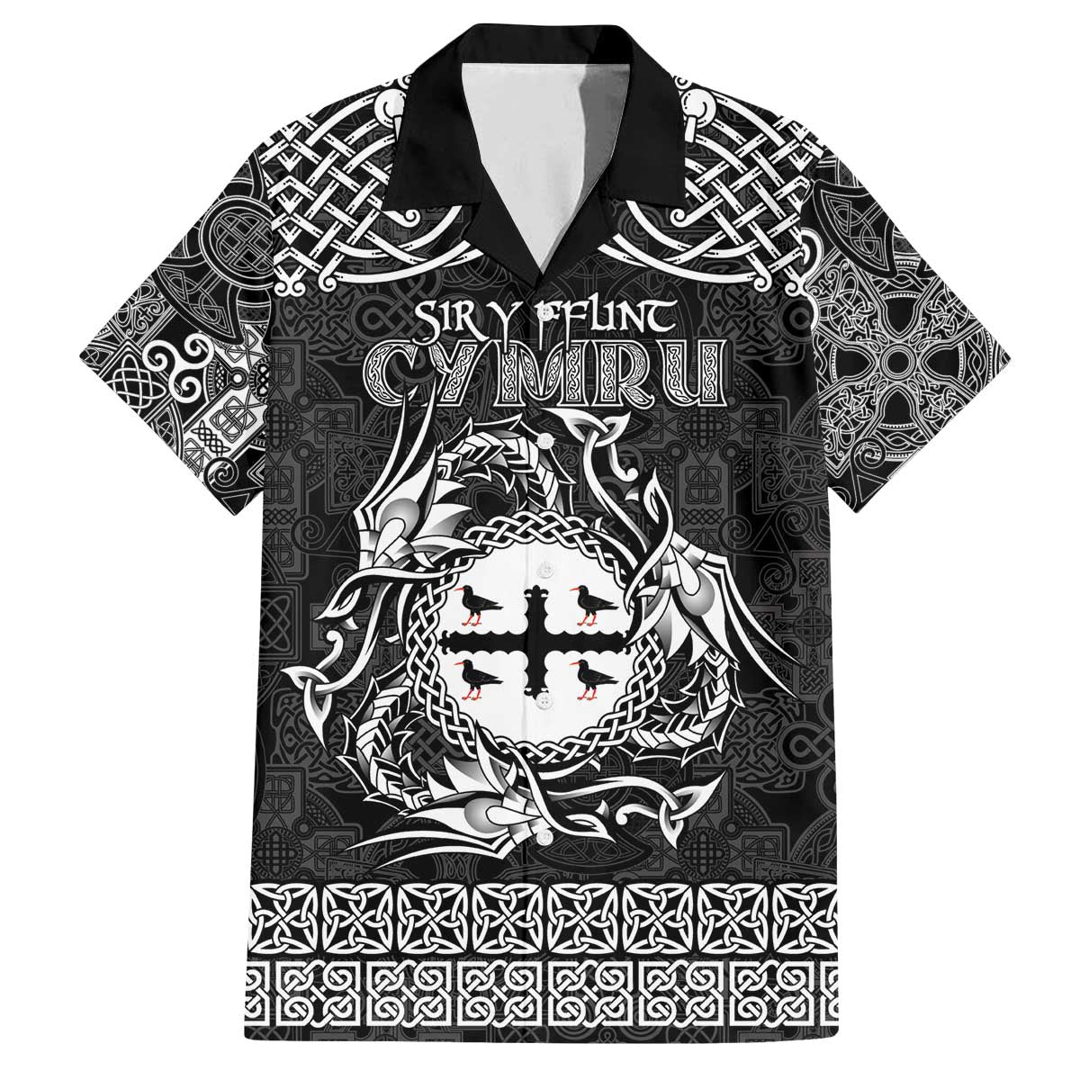 Personalized Flintshire Sir y Fflint Family Matching Off The Shoulder Long Sleeve Dress and Hawaiian Shirt Black Four Choughs Celtic-inspired - Wonder Print Shop