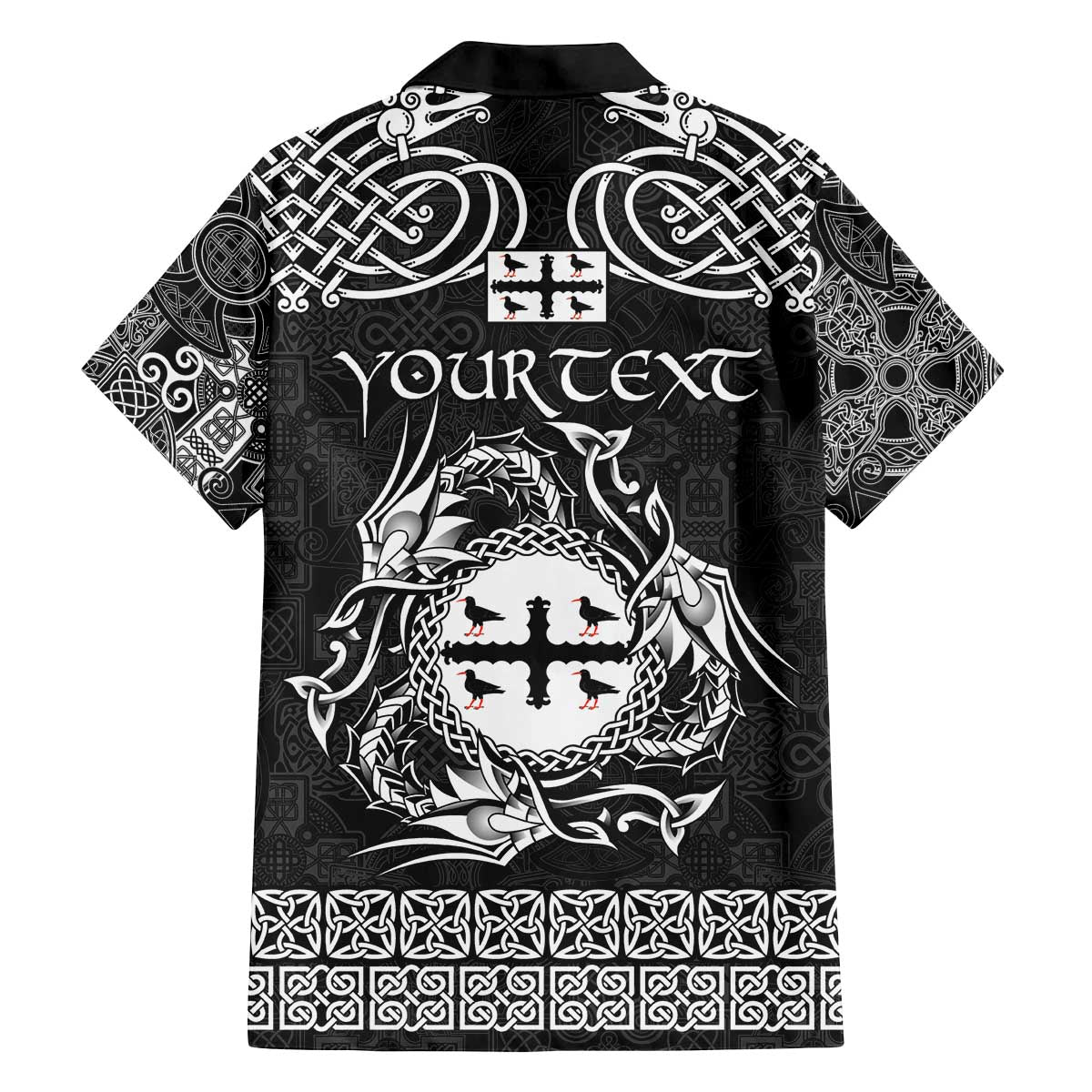 Personalized Flintshire Sir y Fflint Family Matching Off The Shoulder Long Sleeve Dress and Hawaiian Shirt Black Four Choughs Celtic-inspired - Wonder Print Shop