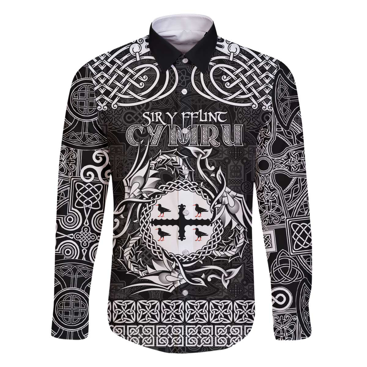 Personalized Flintshire Sir y Fflint Family Matching Off The Shoulder Long Sleeve Dress and Hawaiian Shirt Black Four Choughs Celtic-inspired - Wonder Print Shop