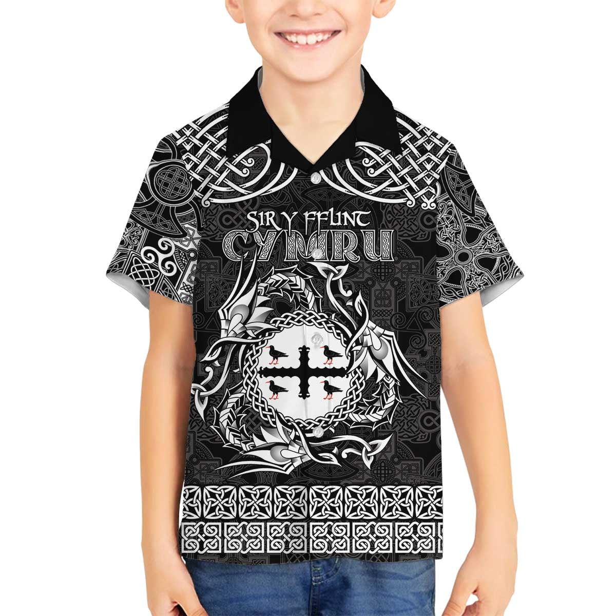 Personalized Flintshire Sir y Fflint Family Matching Off The Shoulder Long Sleeve Dress and Hawaiian Shirt Black Four Choughs Celtic-inspired - Wonder Print Shop