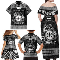 Personalized Flintshire Sir y Fflint Family Matching Off Shoulder Maxi Dress and Hawaiian Shirt Black Four Choughs Celtic-inspired - Wonder Print Shop